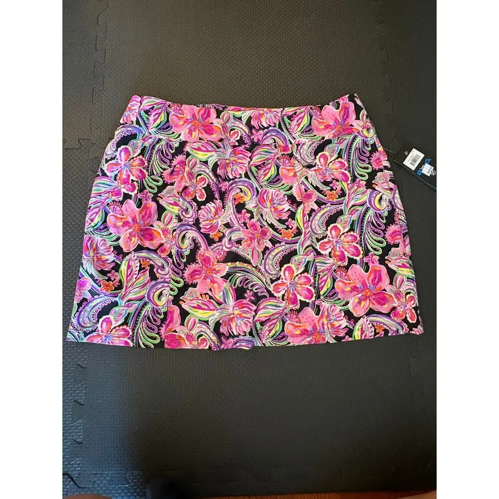 NEW Ibkul Allie Black Printed Tropical Golf Tennis Skort XL